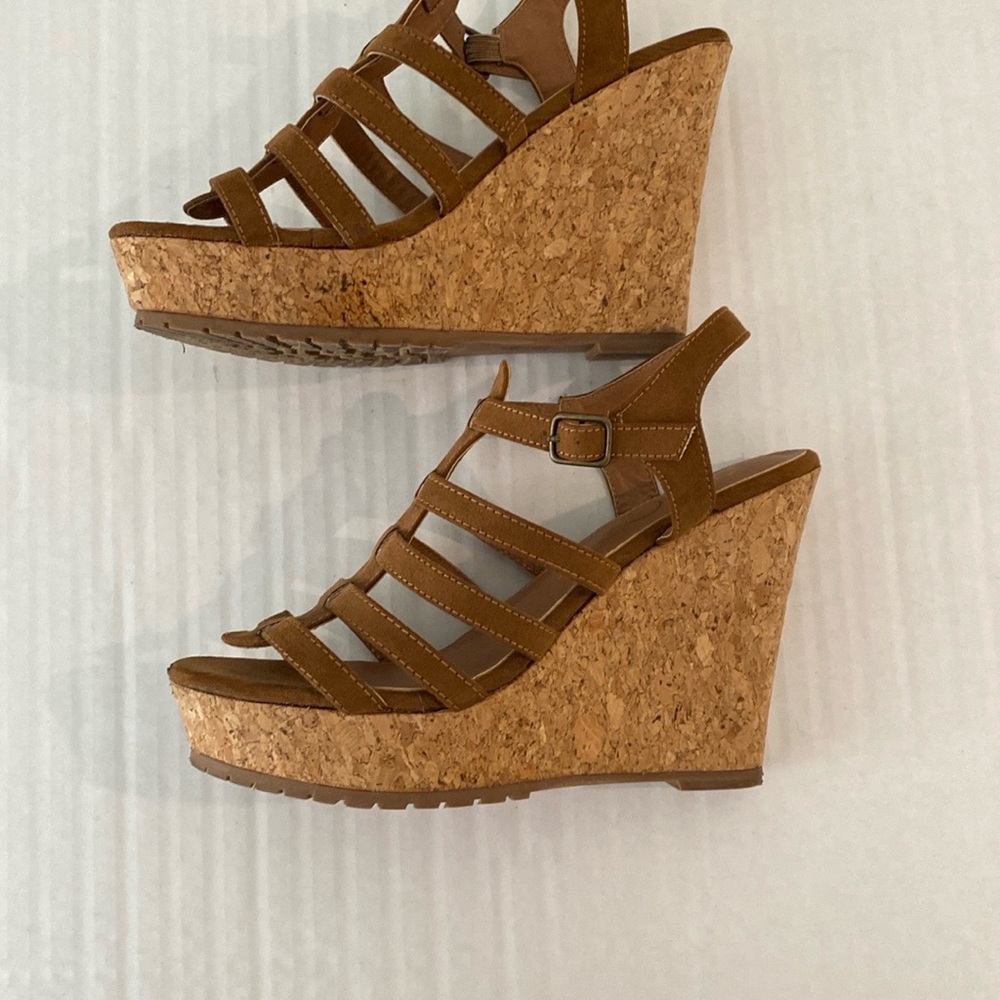Sugar Brown Wedge Sandals with Cork Heel and Strappy Design